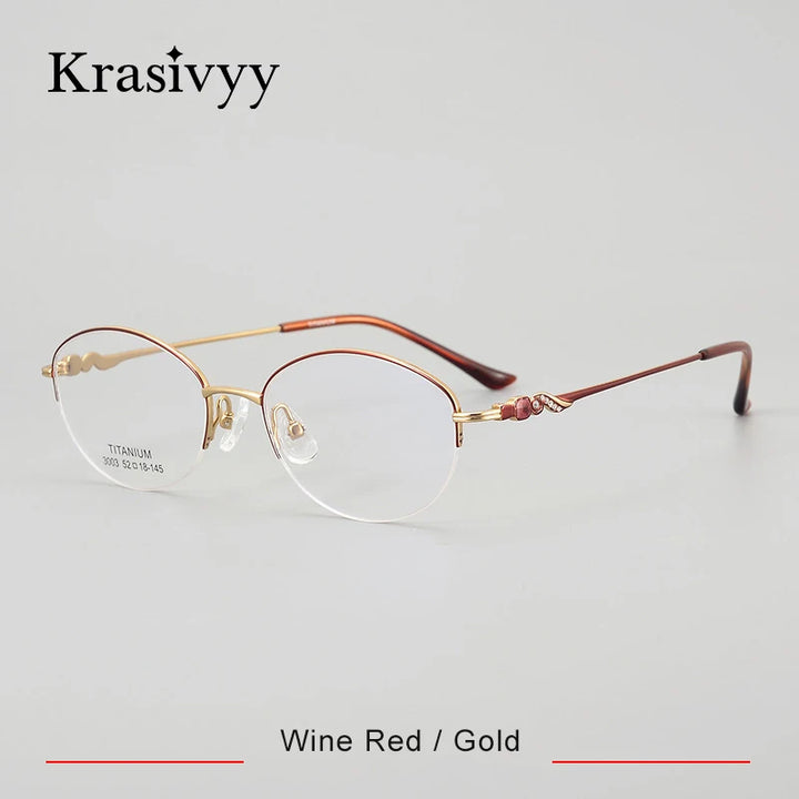 Krasivyy Women's Semi Rim Oval Square Titanium Eyeglasses 443003 Semi Rim Krasivyy Wine Red Gold  