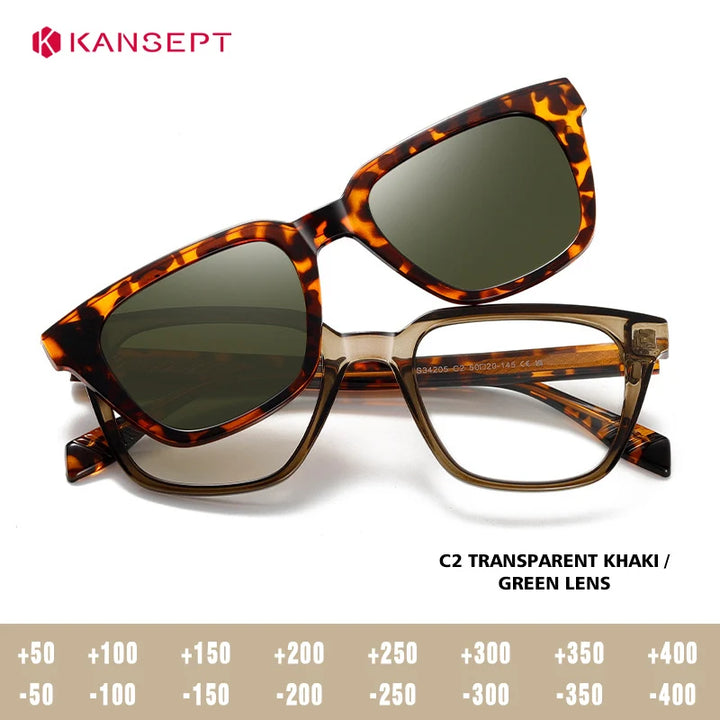 Kansept Women's Full Rim Square Tr 90 Alloy Reading Glasses Clip On Sunglasses 34205