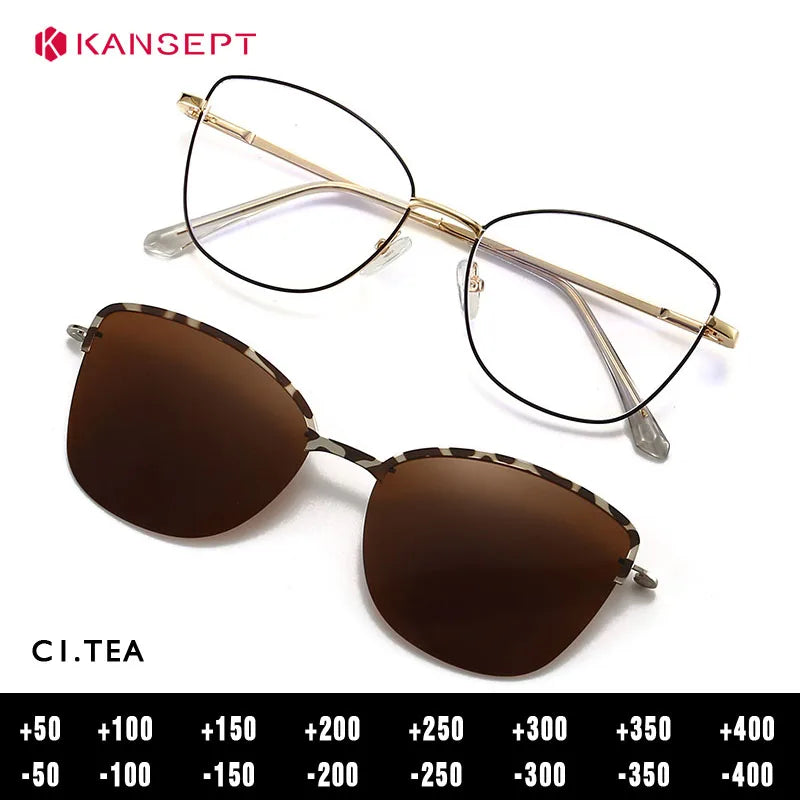 Kansept Women's Full Rim  Cat Eye Alloy Reading Glasses Clip On Sunglasses 70159