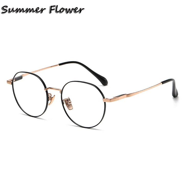 Summer Flower Women's Full Rim Flat Top Round Titanium Eyeglasses 861008 Full Rim Summer Flower Black Gold