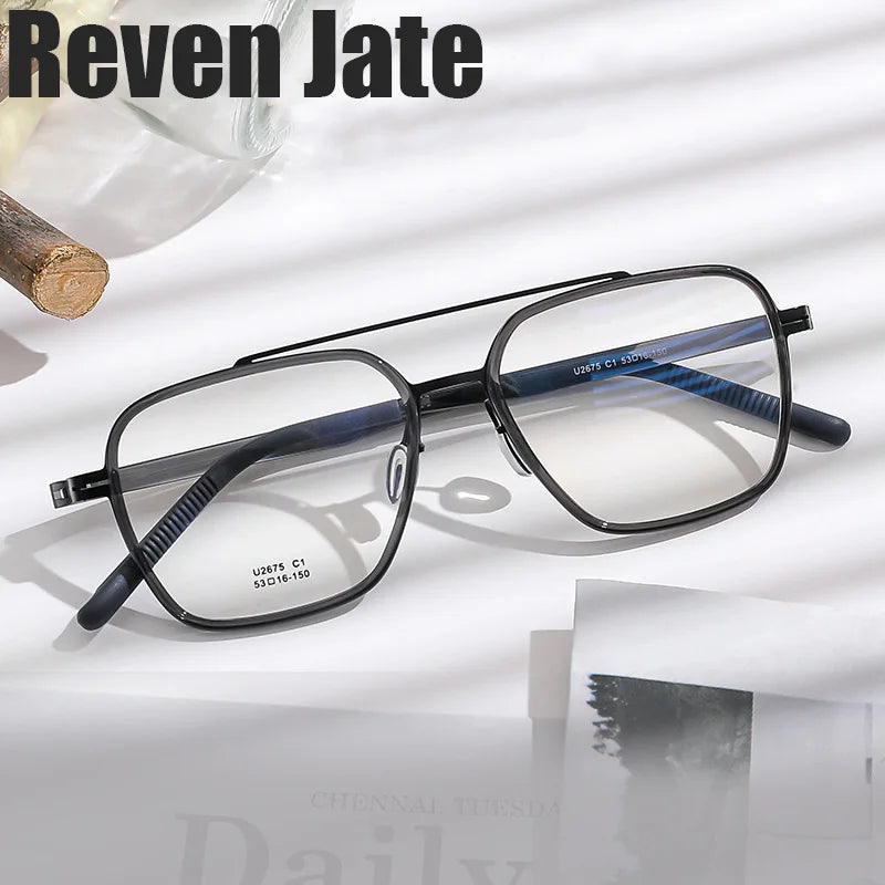 Reven Jate Unisex Full Rim Square Double Bridge Titanium Eyeglasses 42675 Full Rim Reven Jate