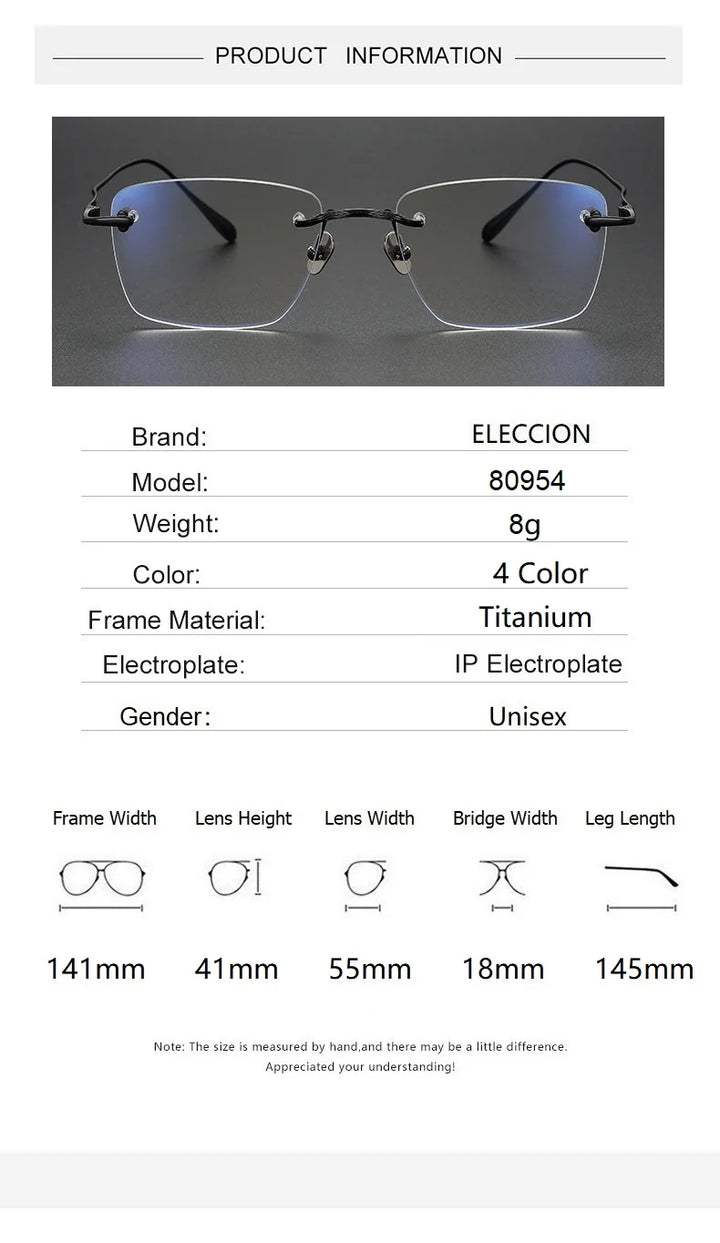 Eleccion Unisex Rimless Square Titanium Eyeglasses 80954