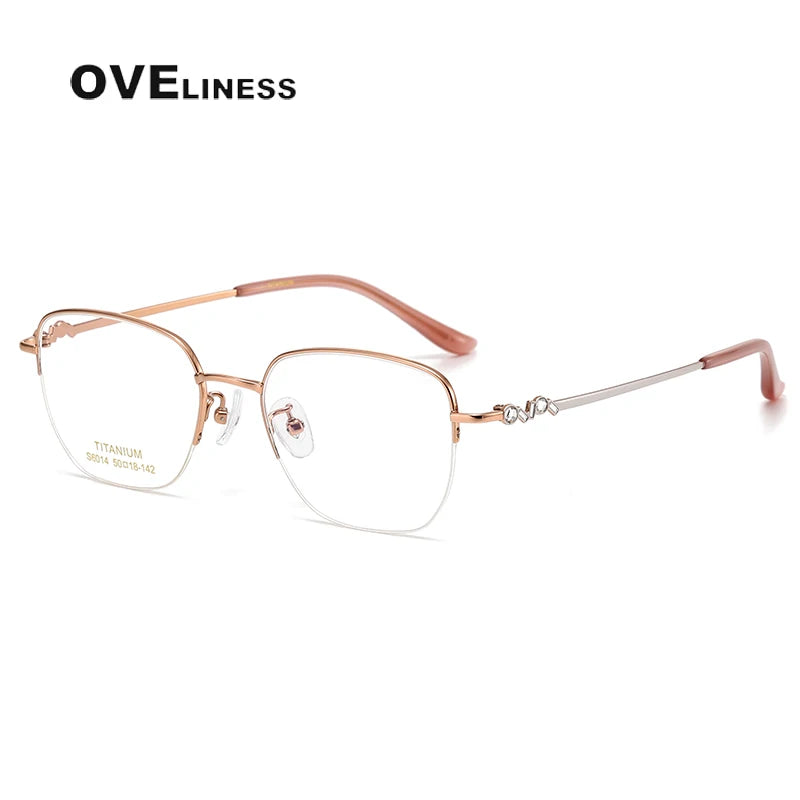 Oveliness Women's Semi Rim Square Oval Titanium Eyeglasses 6014 Semi Rim Oveliness rose gold  