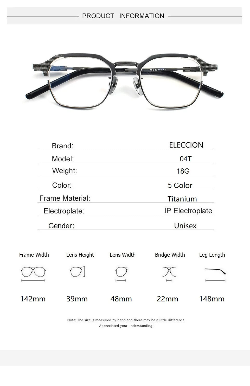 Eleccion Unisex Full Rim Flat Top Polygon Titanium Eyeglasses 41914 Full Rim Eleccion