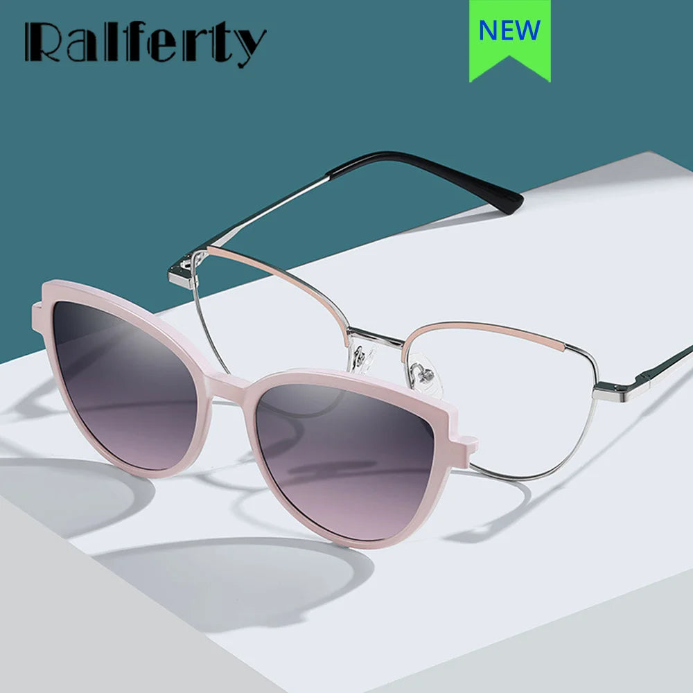 Ralferty  Women's Full Rim Cat Eye Acetate Eyeglasses Clip On Polarized Sunglasses R25103 With Clip Ons Ralferty   