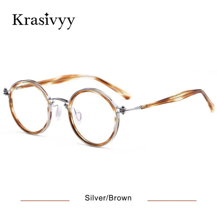 Krasivyy Unisex Full Rim Round Acetate Titanium Eyeglasses Kr5862 Full Rim Krasivyy Silver Brown  