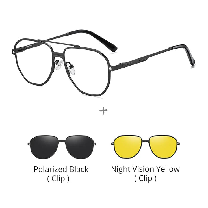 Ralferty Unisex Full Rim Square Double Bridge Al Mg Eyeglasses Clip On Sunglasses 397037