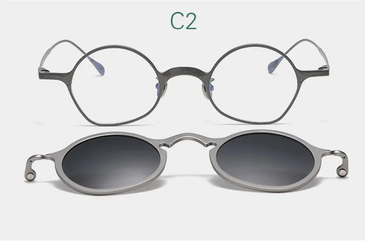 Yujo Unisex Full Rim Irregular Round Titanium Eyeglasses Clip On Sunglasses 148583
