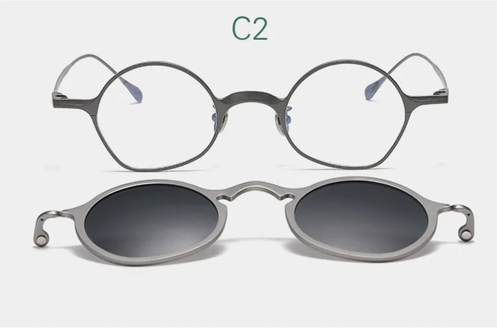Yujo Unisex Full Rim Irregular Round Titanium Eyeglasses Clip On Sunglasses 148583