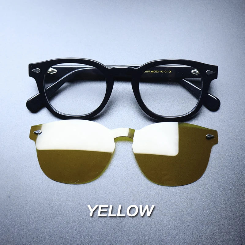 Gatenac Unisex Full Rim Round Acetate Optional Clip On Sunglasses 1237 Clip On Sunglasses Gatenac Black Yellow Clips  