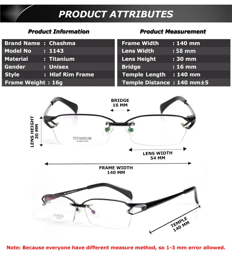 Chashma Men's Semi Rim Square Oval Titanium Acetate Eyeglasses 11437