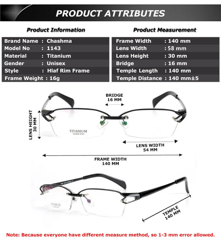 Chashma Men's Semi Rim Square Oval Titanium Acetate Eyeglasses 11437