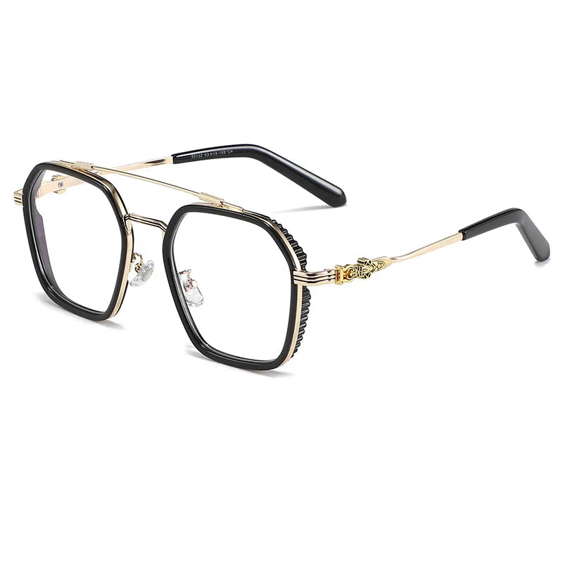 Hdcrafter Men's Full Rim Big Square Double Bridge Titanium Eyeglasses 55132 Full Rim Hdcrafter Eyeglasses Black-Gold  