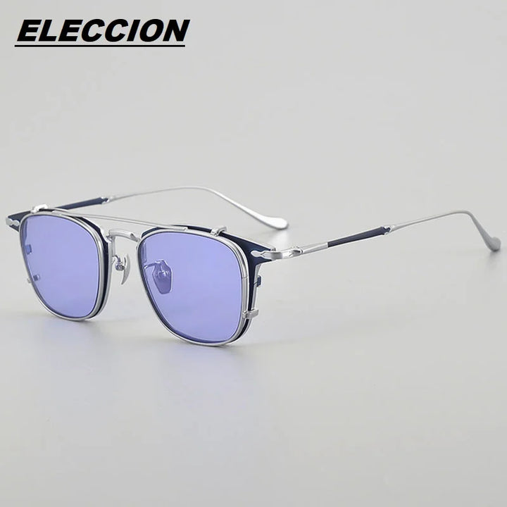 Eleccion Men's Full Rim Big Square Titanium Eyeglasses Clip On Sunglasses 93111