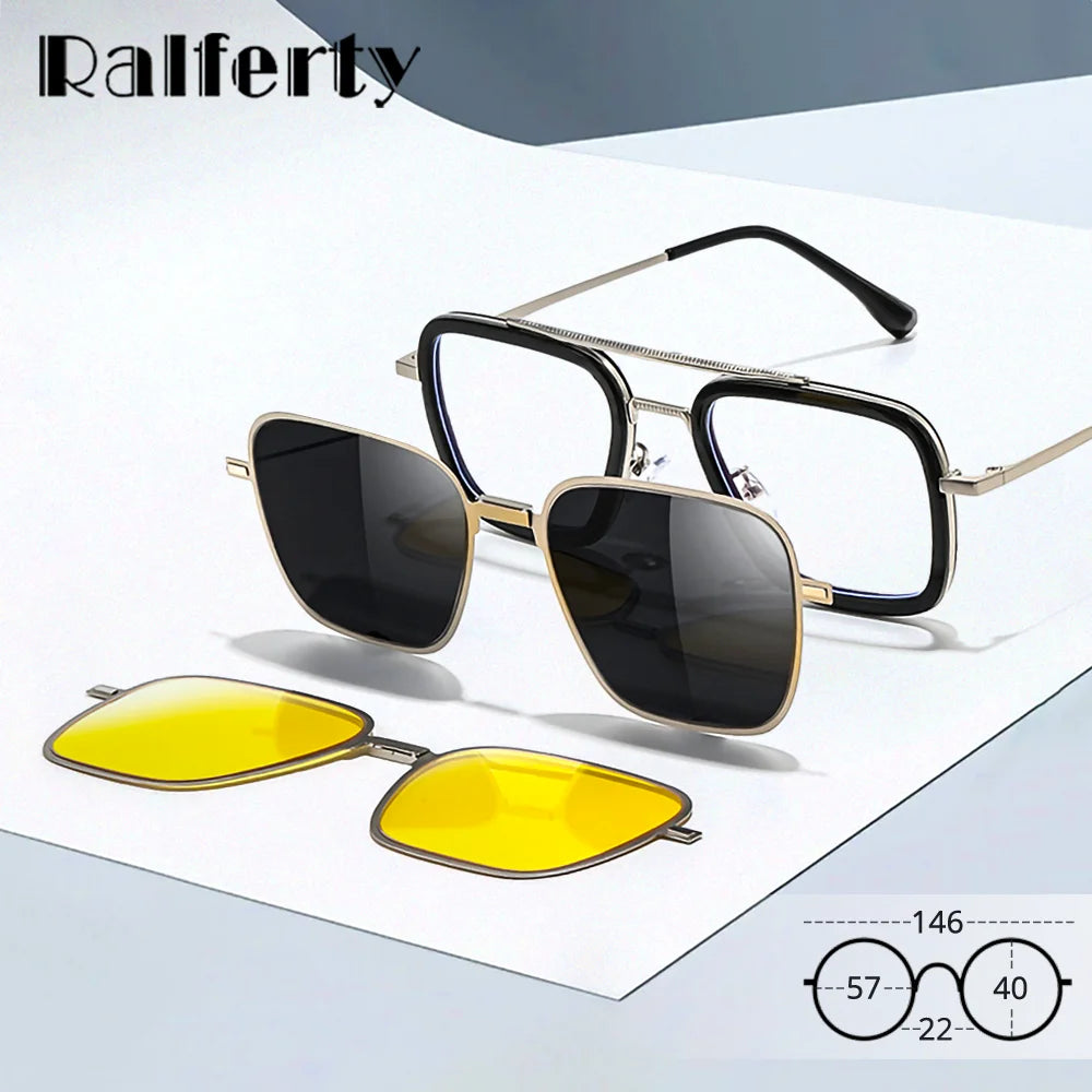 Ralferty Men's Full Rim Square Double Bridge Alloy Tr 90 Eyeglasses Clip On Sunglasses 517701