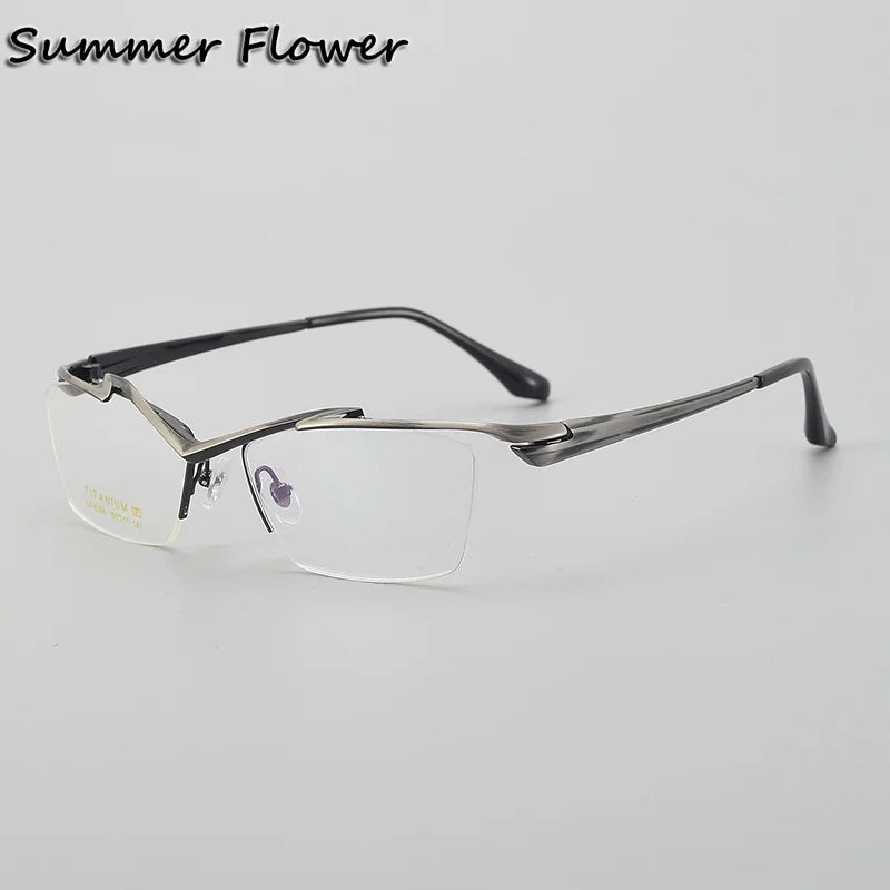 Summer Flower Unisex Semi Rim Square Brow Line Titanium Eyeglasses 86158 Semi Rim Summer Flower Distress Gray