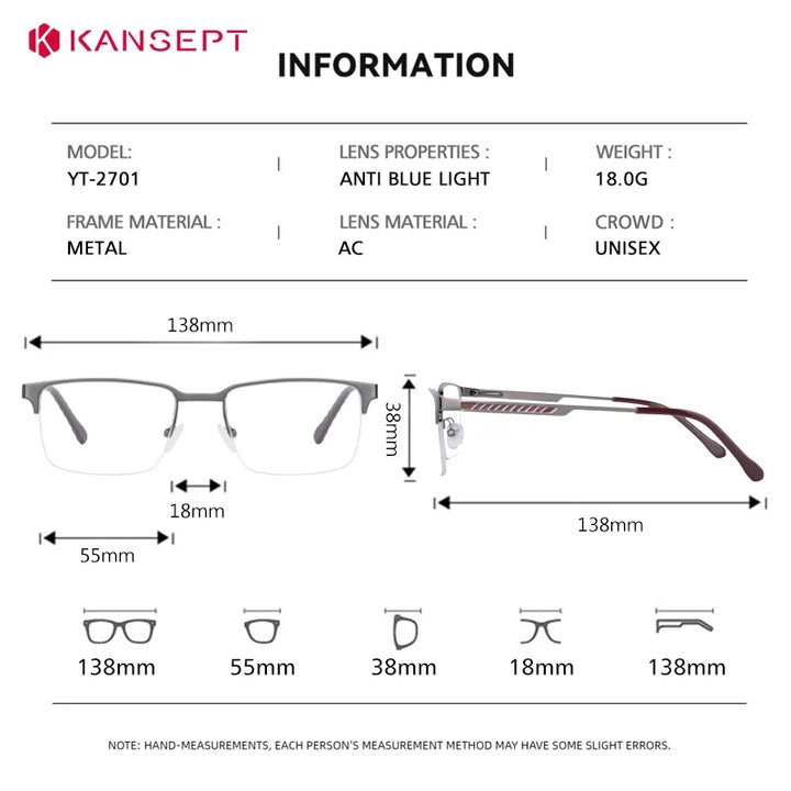 Kansept Women's Semi Rim Square Alloy Reading Glasses 72701