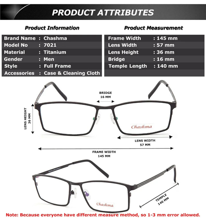 Chashma Ottica Men's Full Rim Polygon Square Titanium Eyeglasses 7021