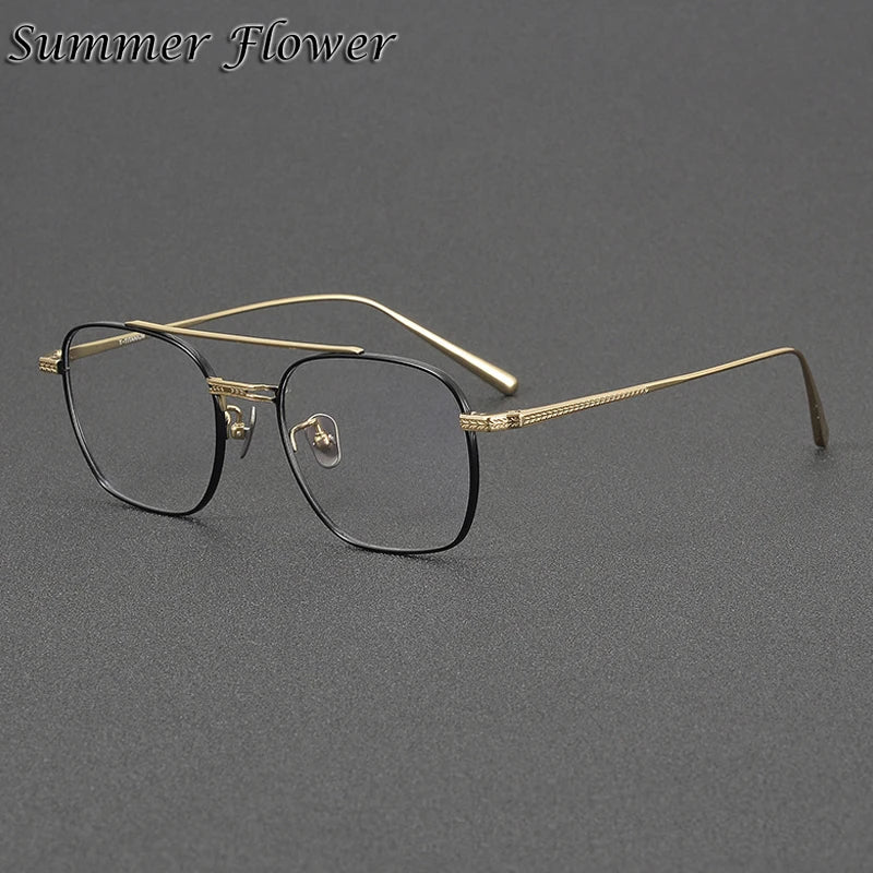 Summer Flower Men's Full Rim Square Double Bridge Titanium Eyeglasses 814420 Full Rim Summer Flower Gold Black