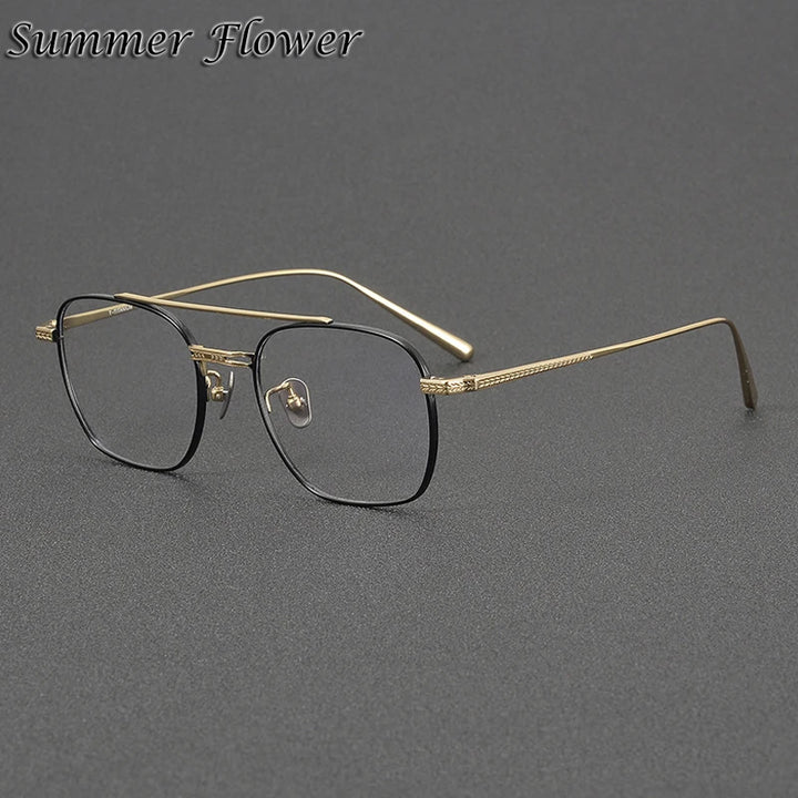 Summer Flower Men's Full Rim Square Double Bridge Titanium Eyeglasses 814420 Full Rim Summer Flower Gold Black