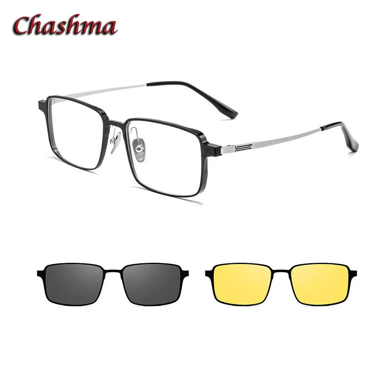Chashma Ochki Men's Full Rim Square Tr 90 Titanium Eyeglasses Clip On Sunglasses 39909