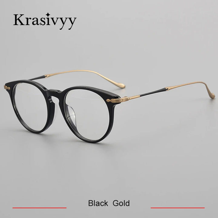 Krasivyy Unisex Full Rim Round Acetate Titanium Eyeglasses 25889 Full Rim Krasivyy Black Gold