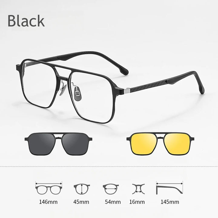 KatKani Men's Full Rim Double Bridge Square Aluminum Eyeglasses With Clip On Sunglasses 6656 Full Rim KatKani Eyeglasses Black  