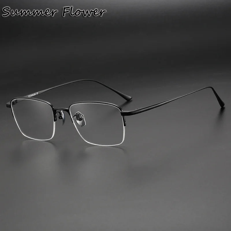 Summer Flower Men's Semi Rim Polygon Square Titanium Eyeglasses 814038 Semi Rim Summer Flower Black