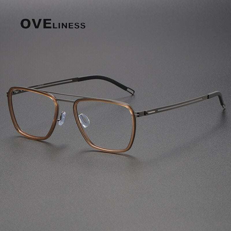 Oveliness Unisex Full Rim Square Double Bridge Titanium Eyeglasses 8202311 Full Rim Oveliness brown gun  