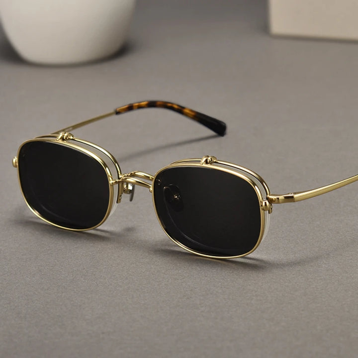 Black Mask Unisex Semi Rim Rectangle Titanium Eyeglasses Clip On Sunglasses K15 Sunglasses Black Mask Golden  