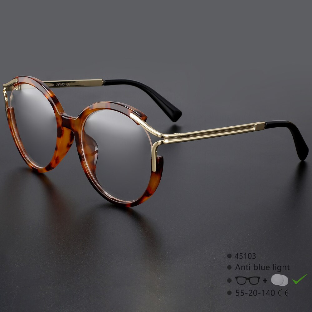 CCspace Women's Full Rim Round Cat Eye Tr 90 Alloy Eyeglasses 45103 Full Rim CCspace C7leopard clear  