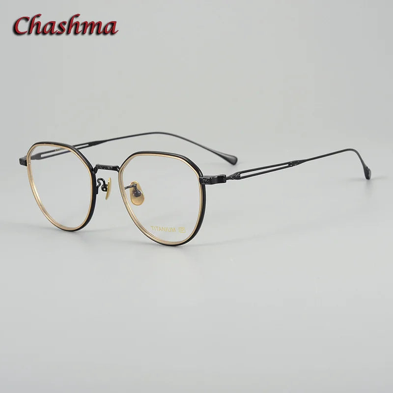 Chashma Ochki Unisex Full Rim Flat Top Round Titanium Eyeglasses 079 Full Rim Chashma Ochki Black Gold  