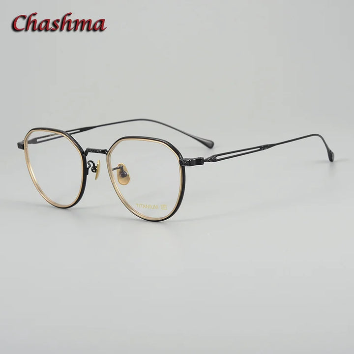 Chashma Ochki Unisex Full Rim Flat Top Round Titanium Eyeglasses 079 Full Rim Chashma Ochki Black Gold  