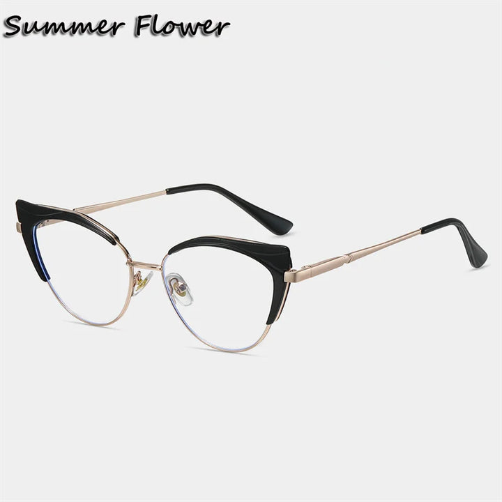 Summer Flower Women's Full Rim Oval Cat Eye Tr 90 Alloy Eyeglasses 87329 Full Rim Summer Flower Black