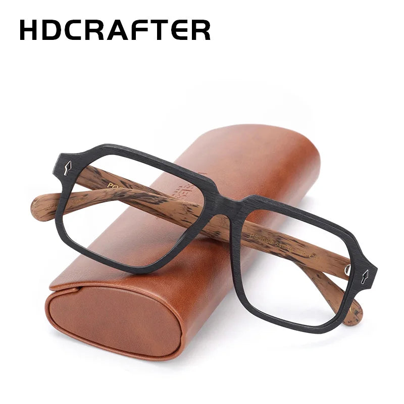 Hdcrafter Men's Full Rim Polygon Square Wood Alloy Eyeglasses 81884