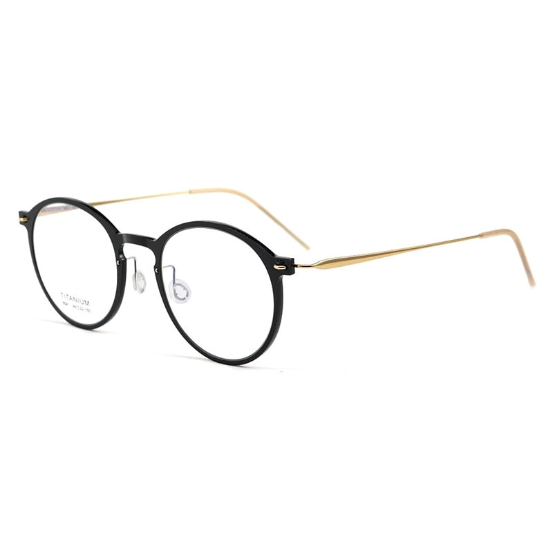 Hdcrafter Unisex Full Rim Round Titanium Eyeglasses 65411 Full Rim Hdcrafter Eyeglasses Black Gold  