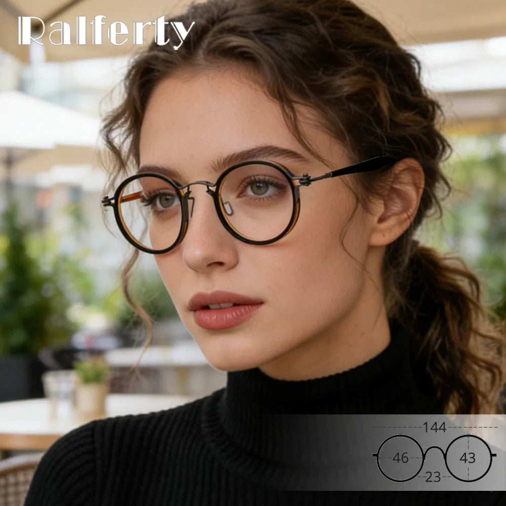 Ralferty Unisex Full Rim Round Acetate Titanium Prescription Eyeglasses X5862 - view 3