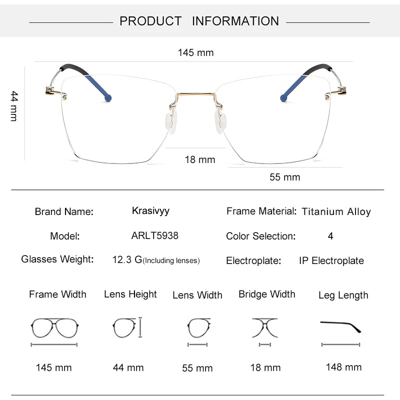 Krasivyy Unisex Rimless Square Titanium Alloy Eyeglasses 45938 Rimless Krasivyy
