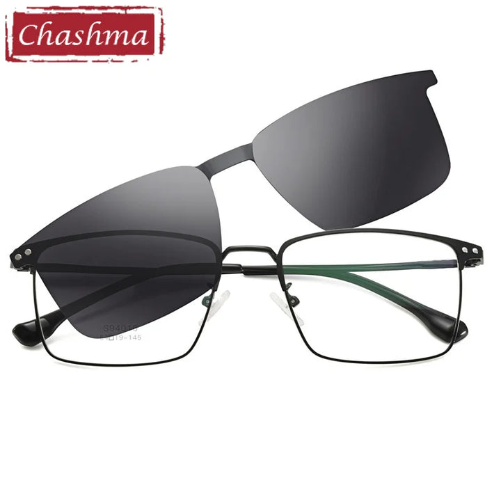 Chashma Ottica Unisex Full Rim Square Alloy Eyeglasses Clip On Sunglasses 940162