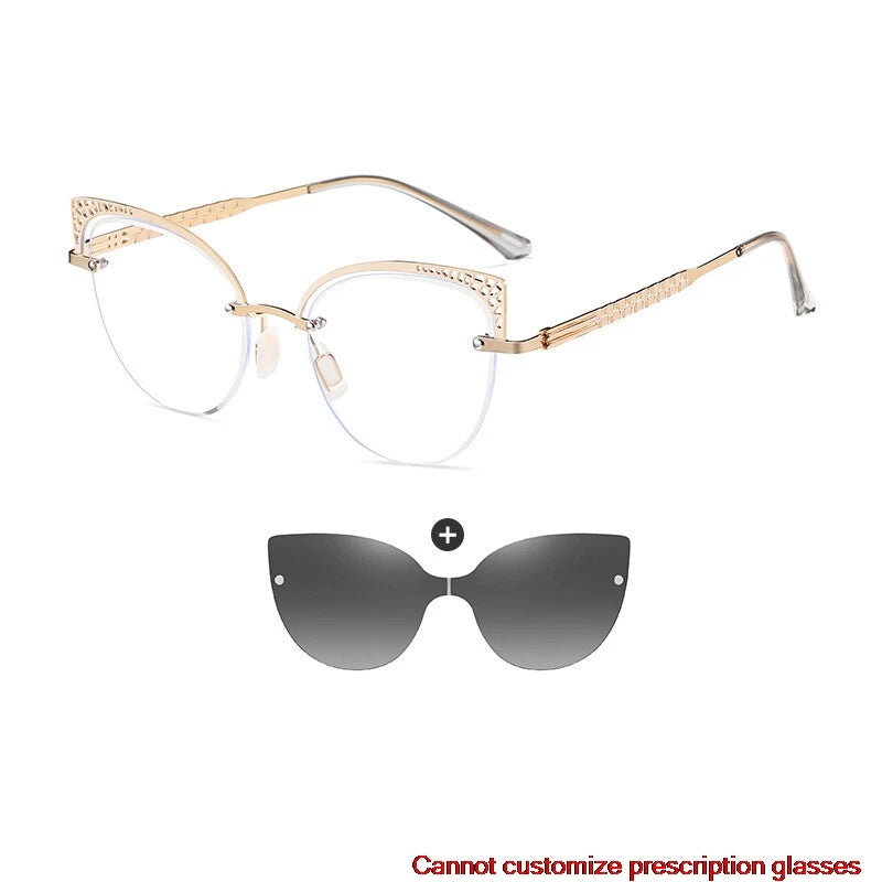 CCSpace Women's Full Rim Oval Cat Eye Alloy Eyeglasses Clip On Sunglasses 302035 With Clip Ons CCspace Gold  