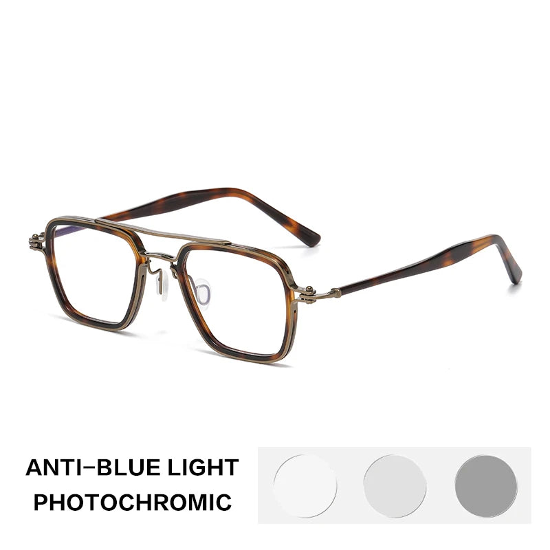 Gatenac Unisex Full Rim Big Square Double Bridge Titanium Acetate Photochromic Reading Glasses 75875