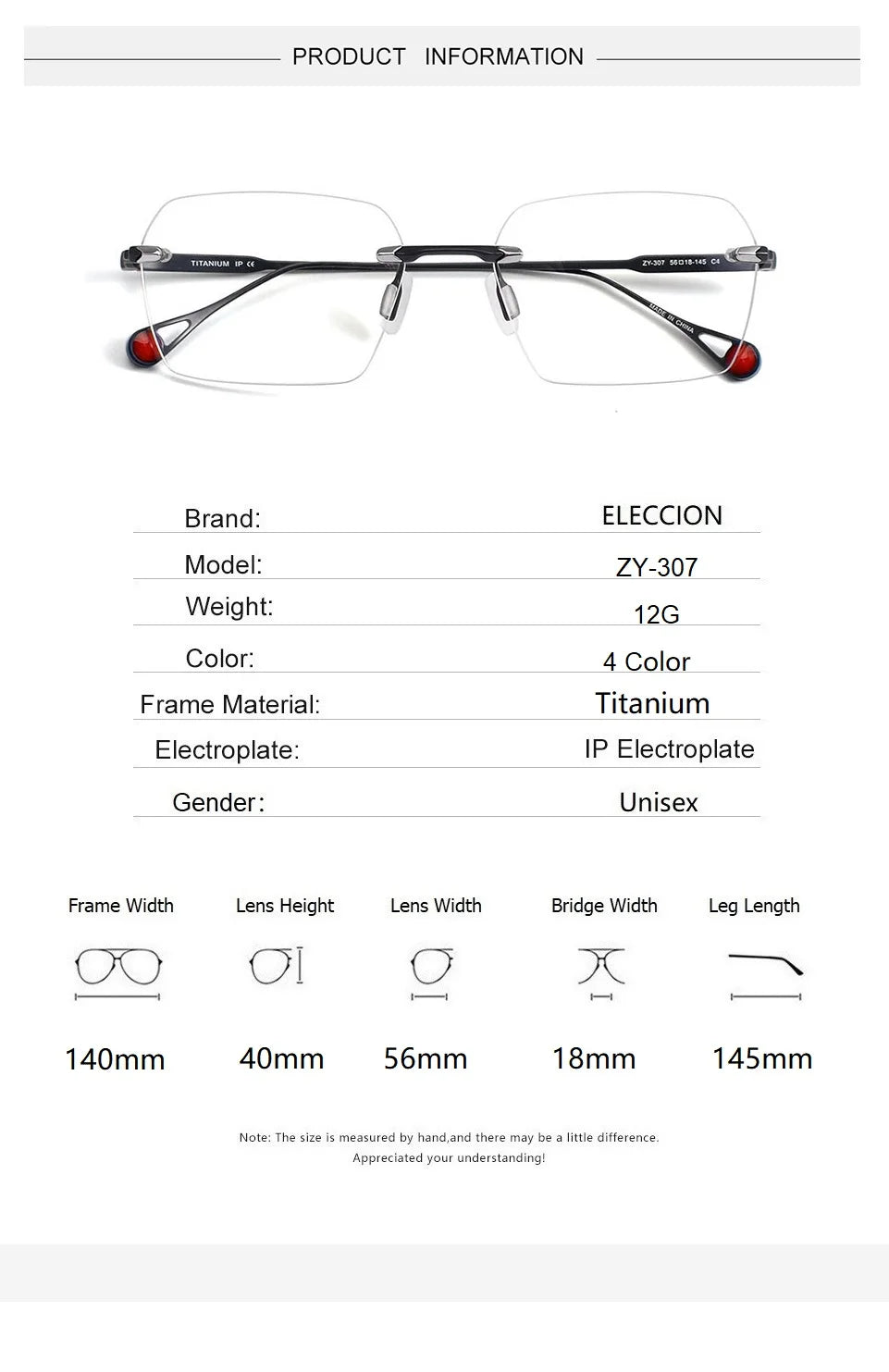 Eleccion Unisex Rimless Polygon Square Titanium Eyeglasses 27038