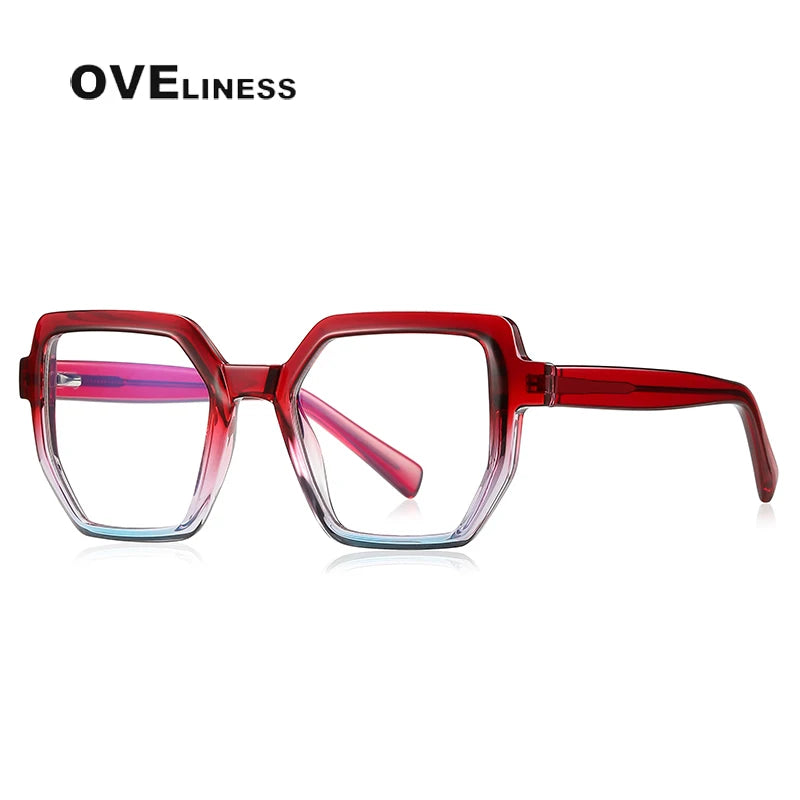 Oveliness Unisex Full Rim Flat Top Polygon Tr 90 Titanium Eyeglasses 2143 Full Rim Oveliness C4 red pink  
