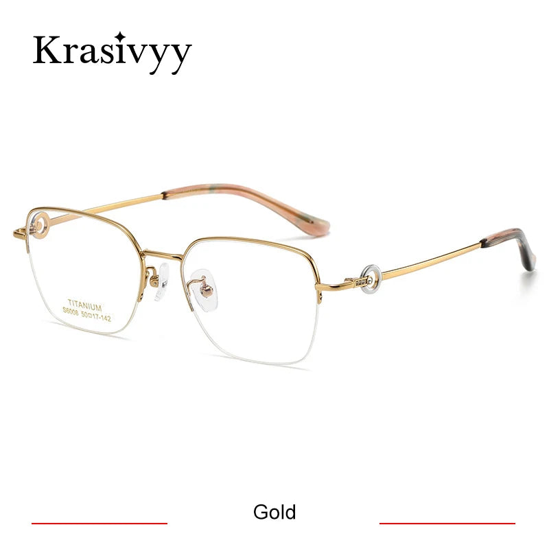 Krasivyy Women's Semi Rim Flat Top Square Titanium Eyeglasses 6008 Semi Rim Krasivyy Gold  