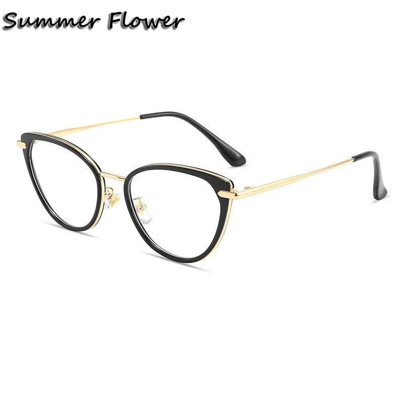 Summer Flower Women's Full Rim Cat Eye Tr 90 Alloy Eyeglasses 11916 Full Rim Summer Flower Black Gold