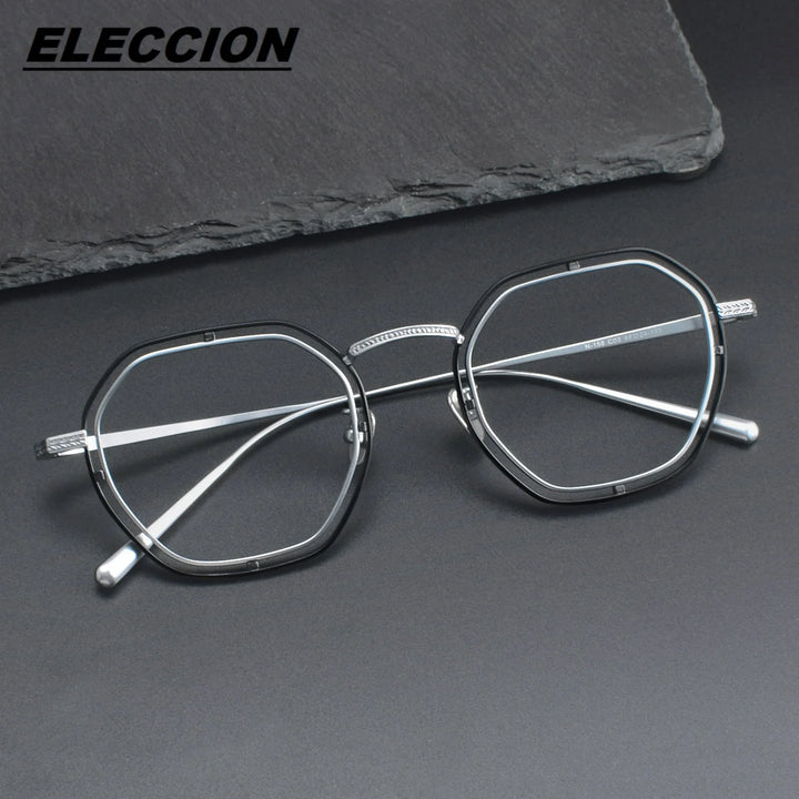 Eleccion Unisex Full Rim Flat Top Polygon Titanium Eyeglasses 44158 Full Rim Eleccion