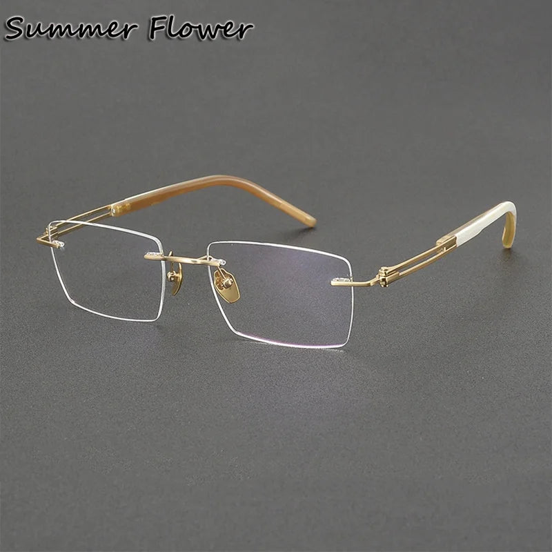 Summer Flower Men's Rimless Square Titanium Horn Tip Eyeglasses 611150