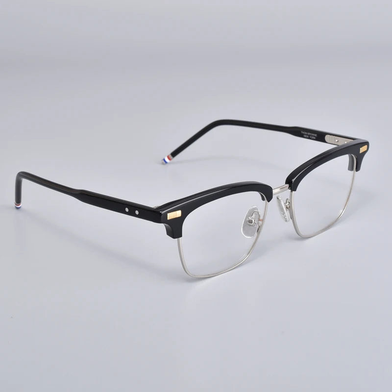 Black Mask Unisex Full Rim Browline Square Acetate Eyeglasses Bm-bt711 Full Rim Black Mask Black-Silver  