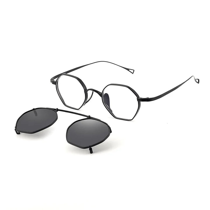 Black Mask Women's Full Rim Polygon Titanium Eyeglasses Clip On Sunglasses 634152