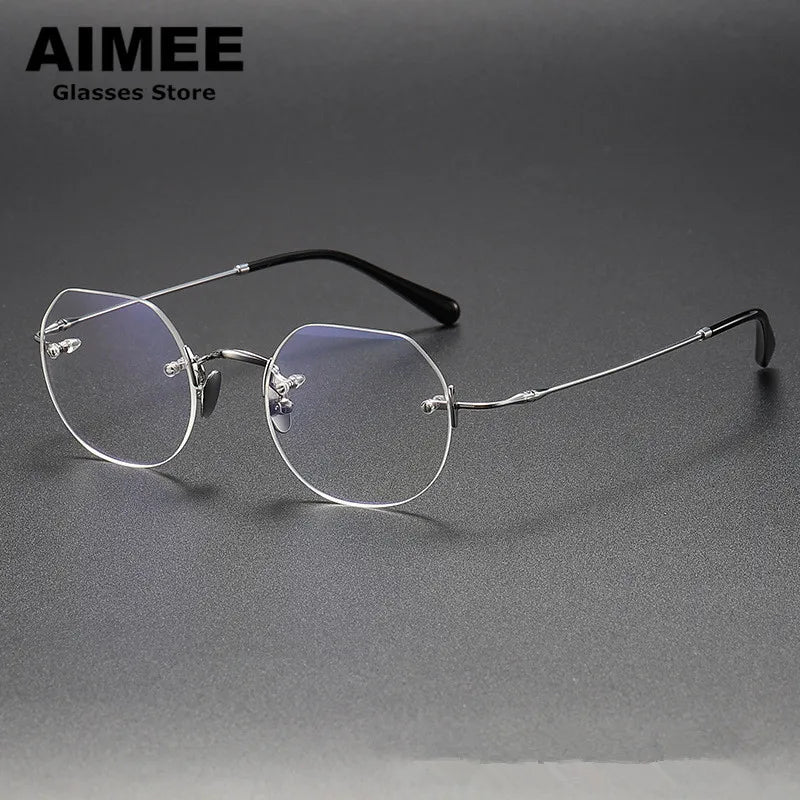 Aimee Unisex Rimless Flat Top Round Titanium Eyeglasses 26008 Rimless Aimee Silver  